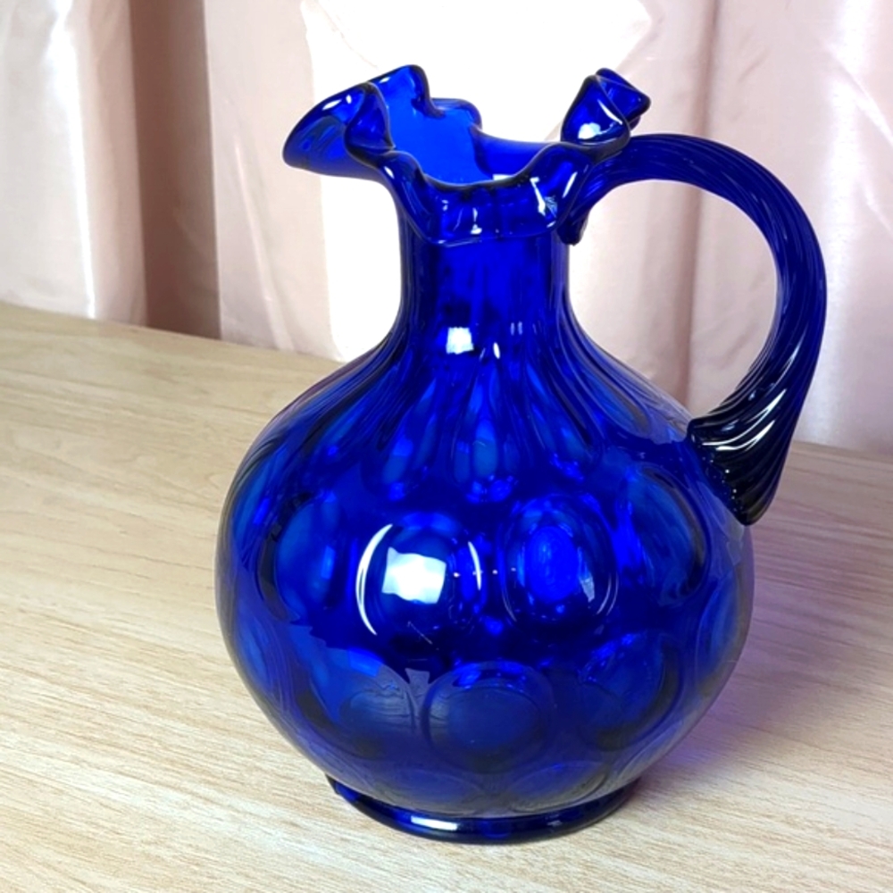 Fenton Cobalt Blue Dot Pitcher with Raised Swirl Handle - Picture 2 of 13